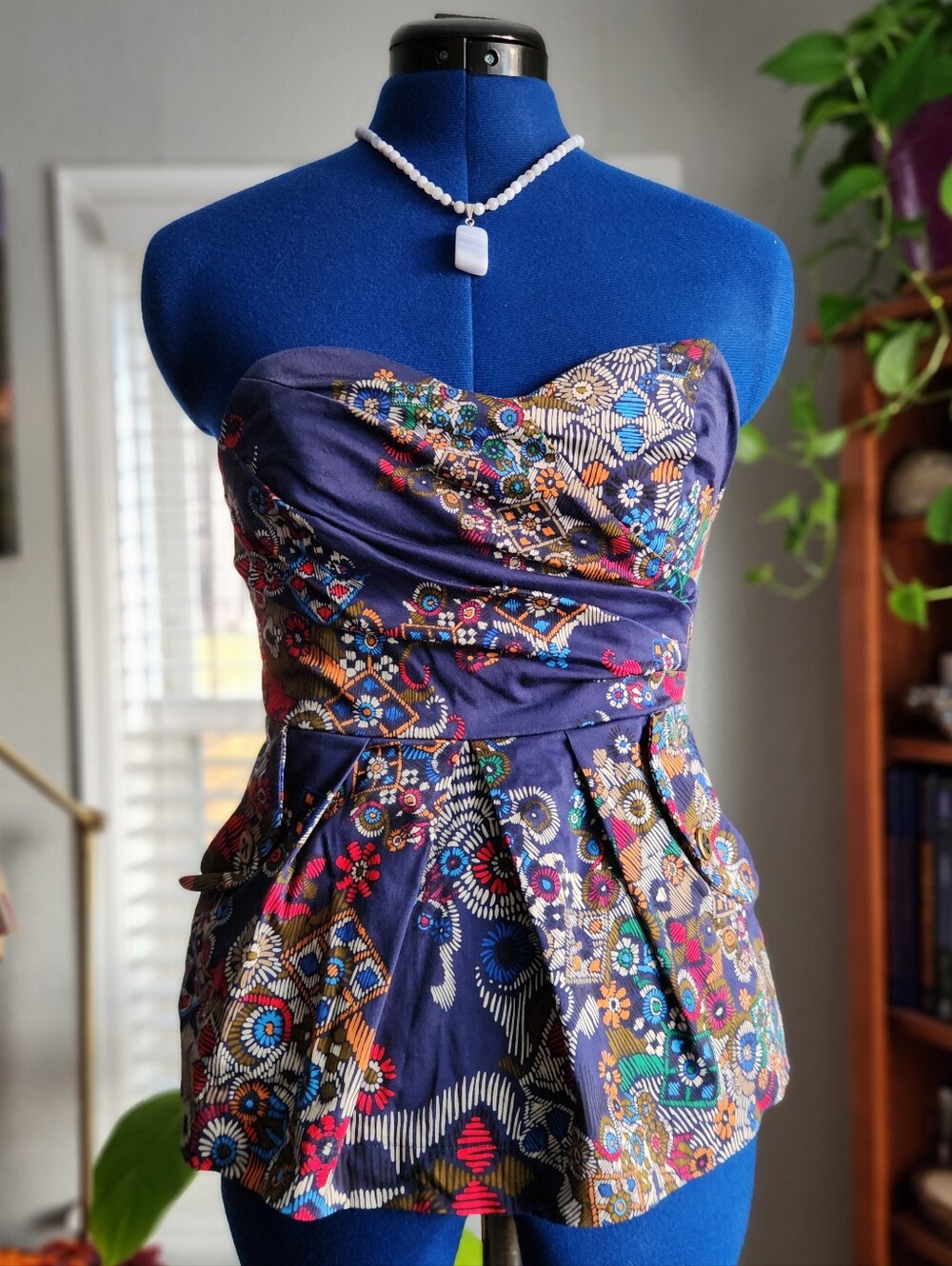 Fei Anthropologie Floral Primula Corset Peplum Top Size 2 Navy Boho w/ Pockets